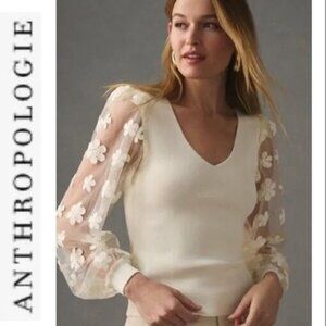 ANTHROPOLOGY Dolan White Ribbed Sweater w/Sheer Floral Appliqué (Size Small)